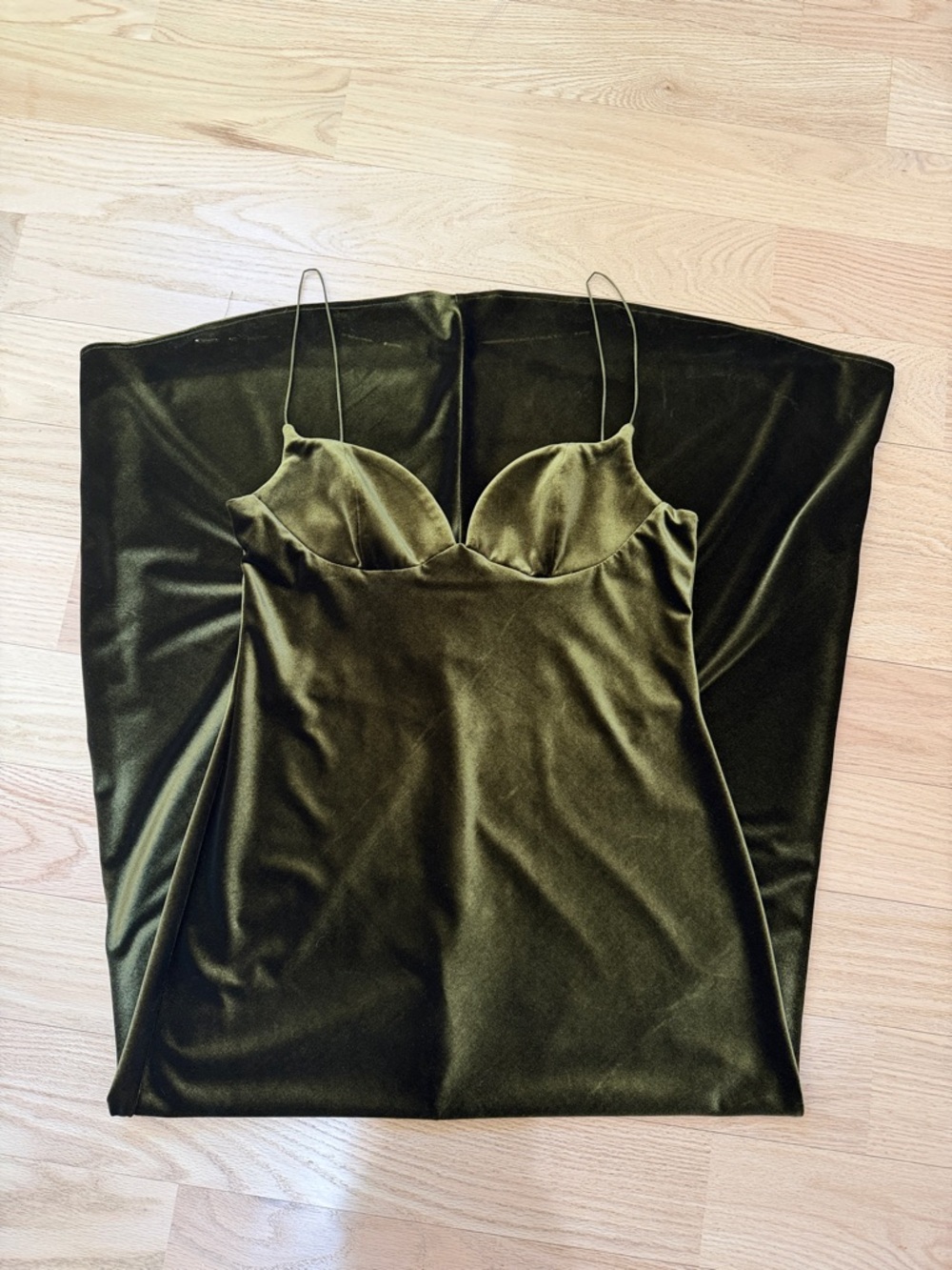 Zara Olive Green Velvet Slip Dress with Spaghetti Straps